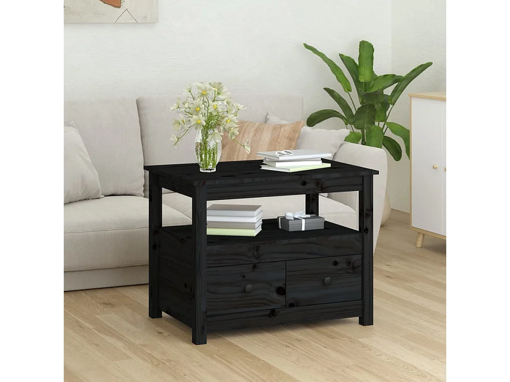 Mesa de centro dourada preta 71x49x55 cm Madeira maciça de pinho