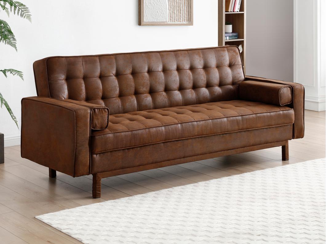 Slaapbank van microvezel ELEANOR - bruin vintage effect