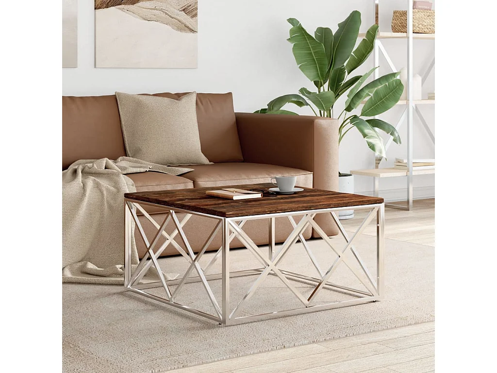 Table basse acier inoxydable et bois massif de récupération