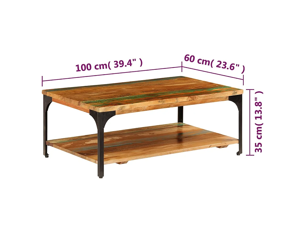 Mesa de centro e prateleira dourada 100x60x35 cm Madeira recuperada maciça