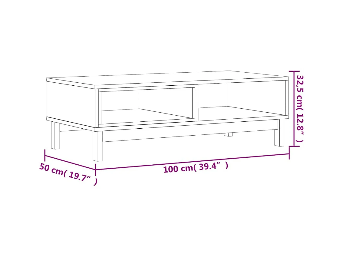 Goldfarbener FLAM Couchtisch 100x50x32,5 cm aus massivem Kiefernholz