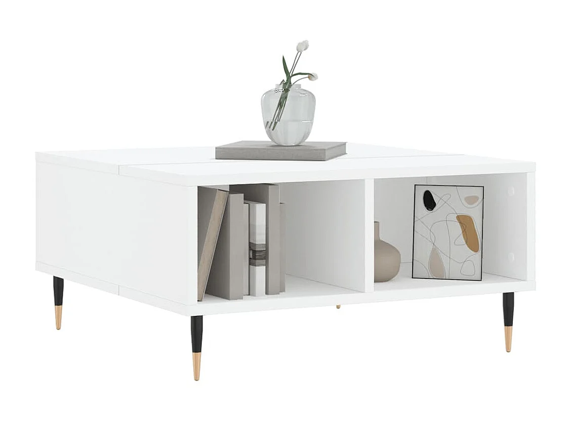 Mesa de centro dourada branca 60x60x30 cm madeira trabalhada