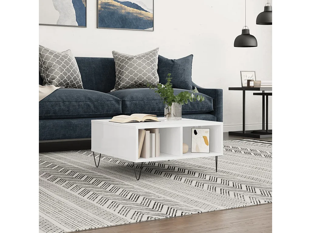 Goldglänzender weißer Couchtisch 60x60x30 cm, Holzwerkstoff