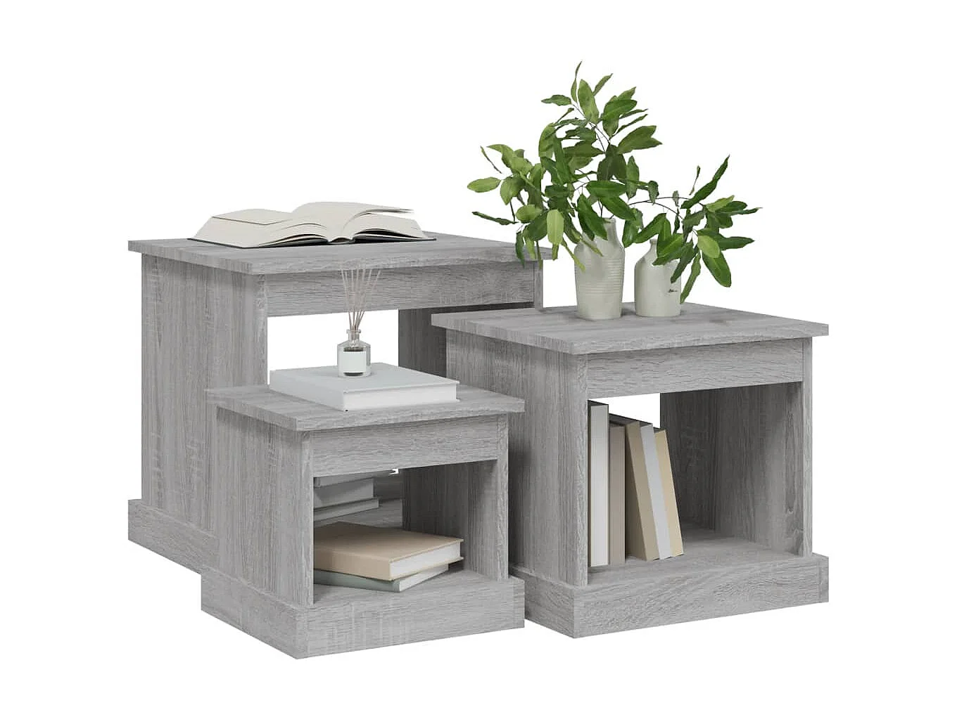 Tavolini impilabili Gold 3 pezzi in MDF grigio Sonoma