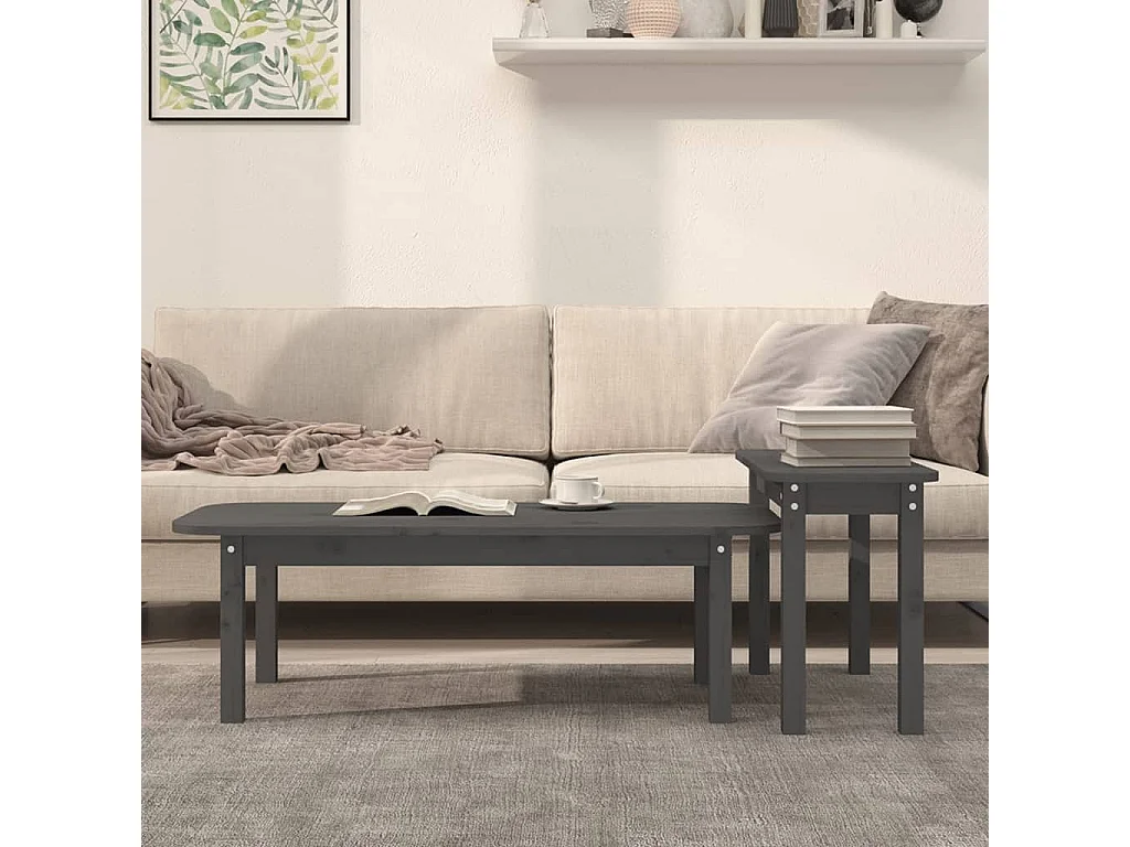 Conjunto de mesa de centro dourada de 2 peças em madeira de pinho maciça cinza