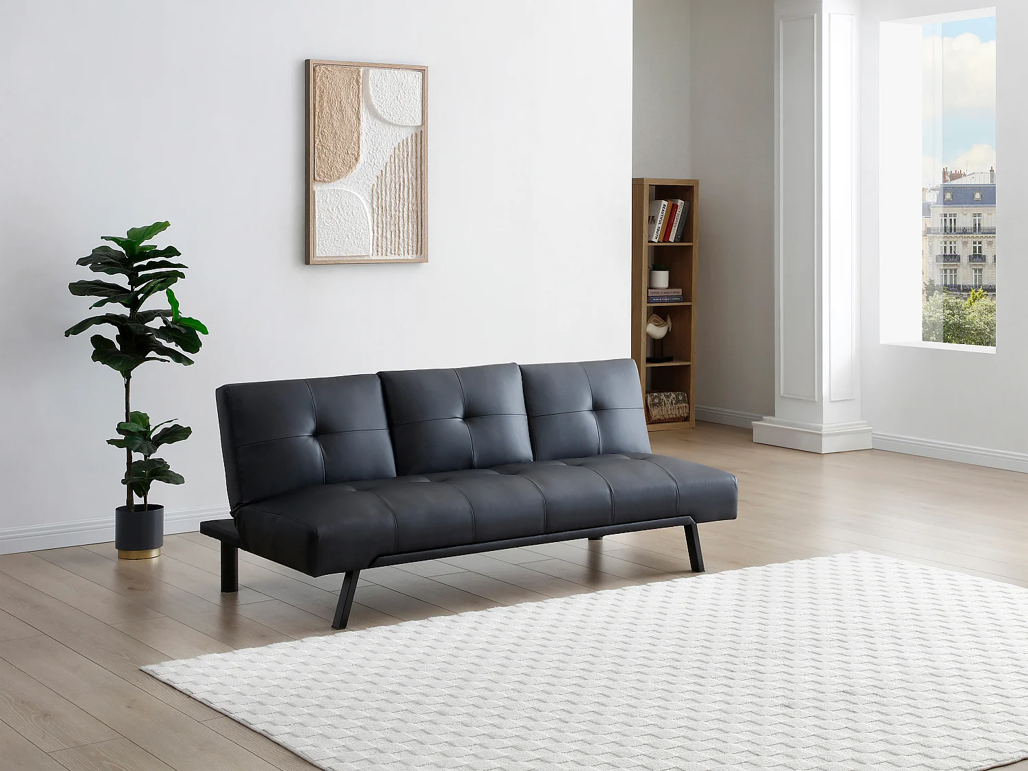 Bäddsoffa i svart klick-klack med fällbar ryggstöd i svart konstläder PRAGUE II