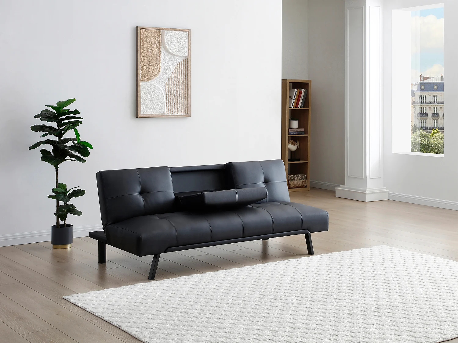 Bäddsoffa i svart klick-klack med fällbar ryggstöd i svart konstläder PRAGUE II