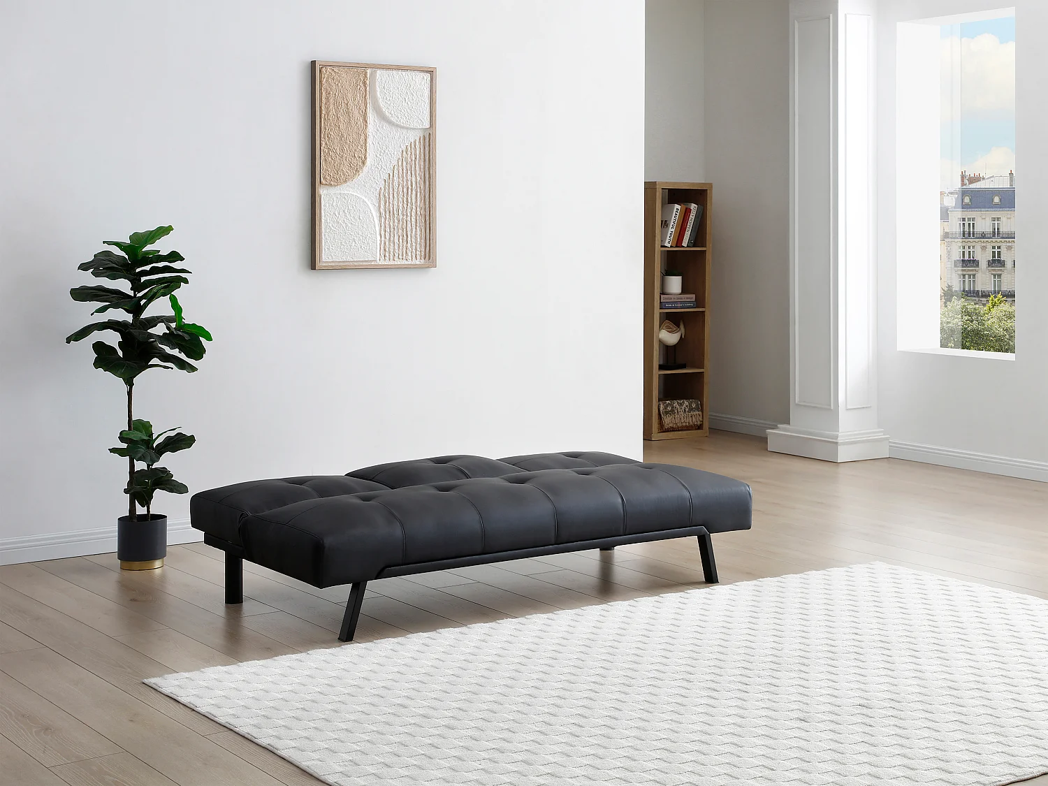 Bäddsoffa i svart klick-klack med fällbar ryggstöd i svart konstläder PRAGUE II