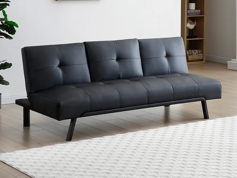 Bäddsoffa i svart klick-klack med fällbar ryggstöd i svart konstläder PRAGUE II