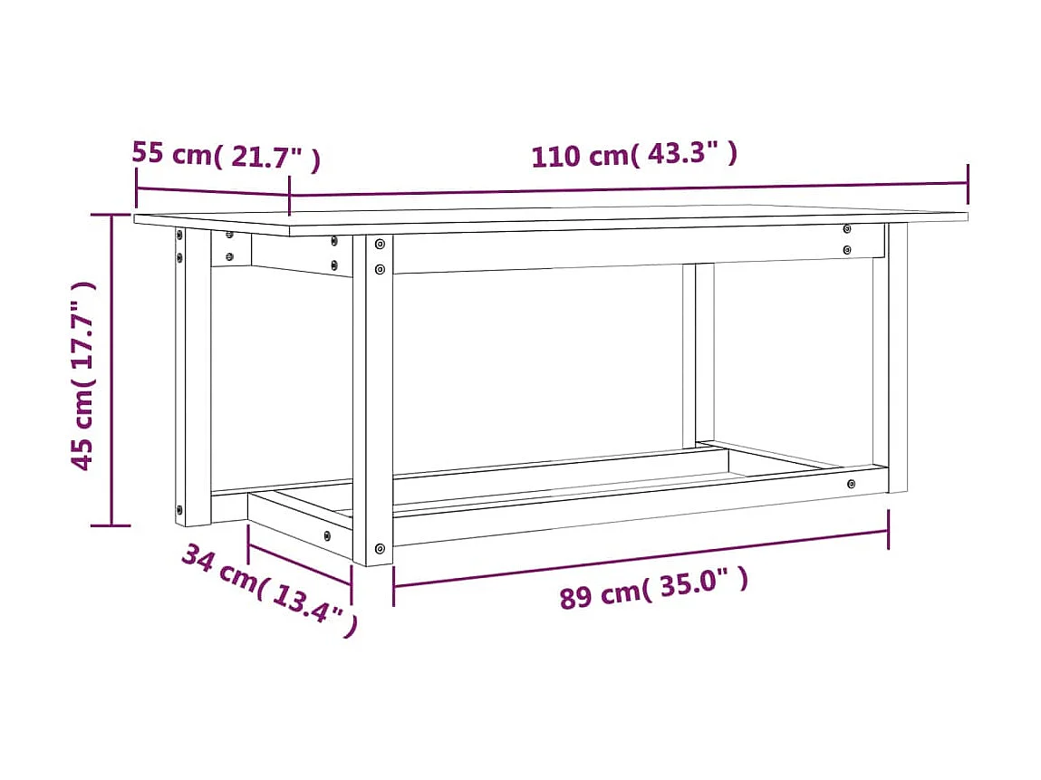Tavolino Gold Grigio 110x55x45 cm Legno di pino massiccio