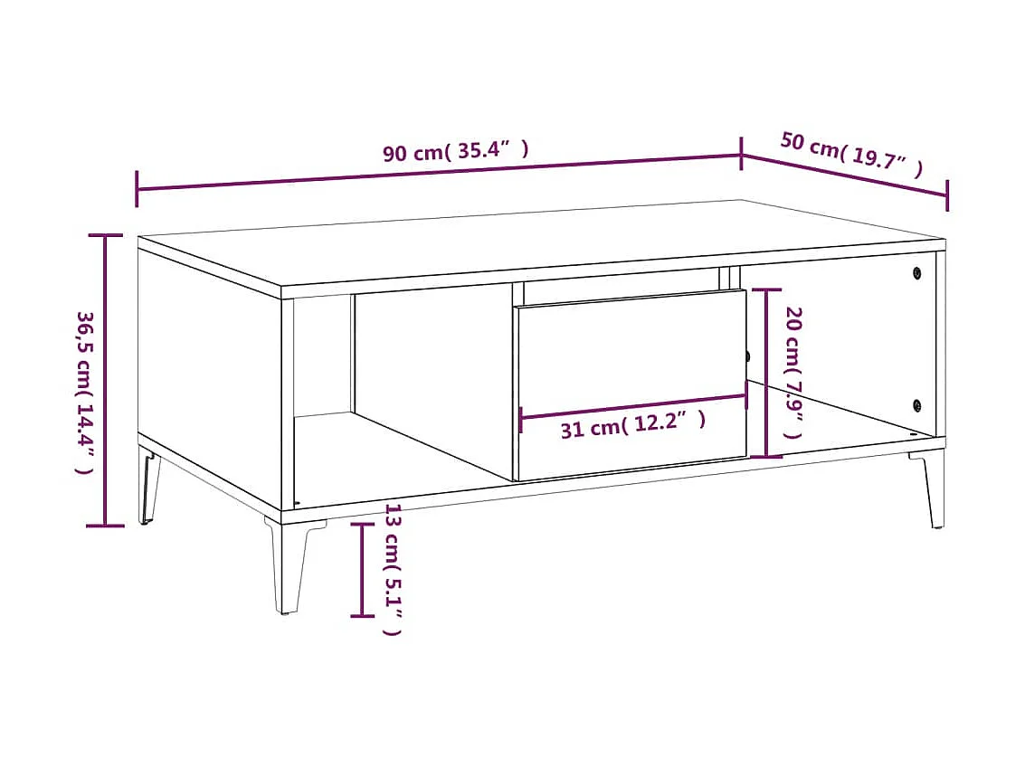 Tavolino Gold Bianco lucido 90x50x36,5 cm MDF