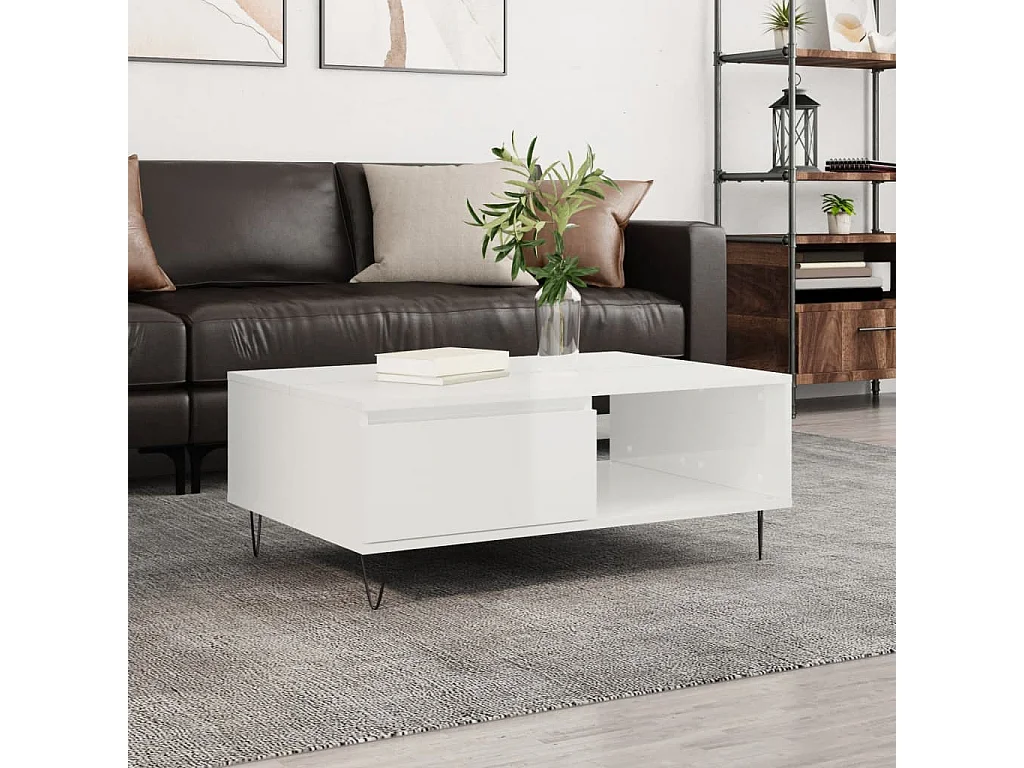 Table basse blanc brillant 90x60x35 cm bois d'ingénierie