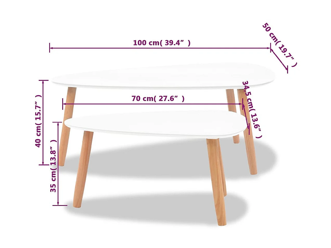 Conjunto de mesa de centro dourado de 2 peças em madeira maciça de pinho branco