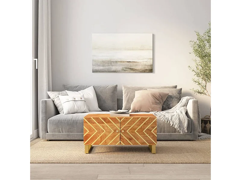 Mesa de centro dourada e preta 80x50x40 cm madeira de mangueira maciça