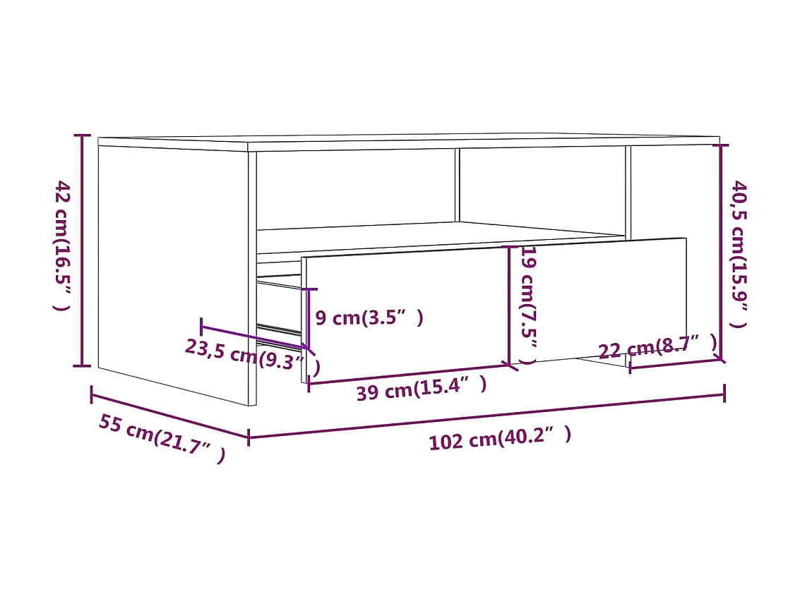Tavolino Gold Rovere affumicato 102x55x42 cm MDF