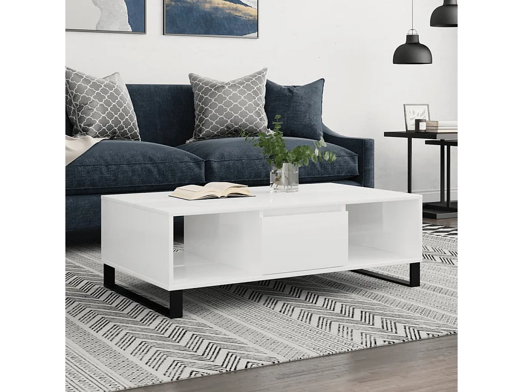 Table basse blanc brillant 104x60x35 cm bois d'ingénierie