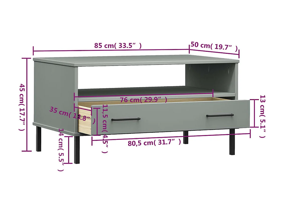 Table basse avec pieds en métal Gris 85x50x45 cm Bois OSLO