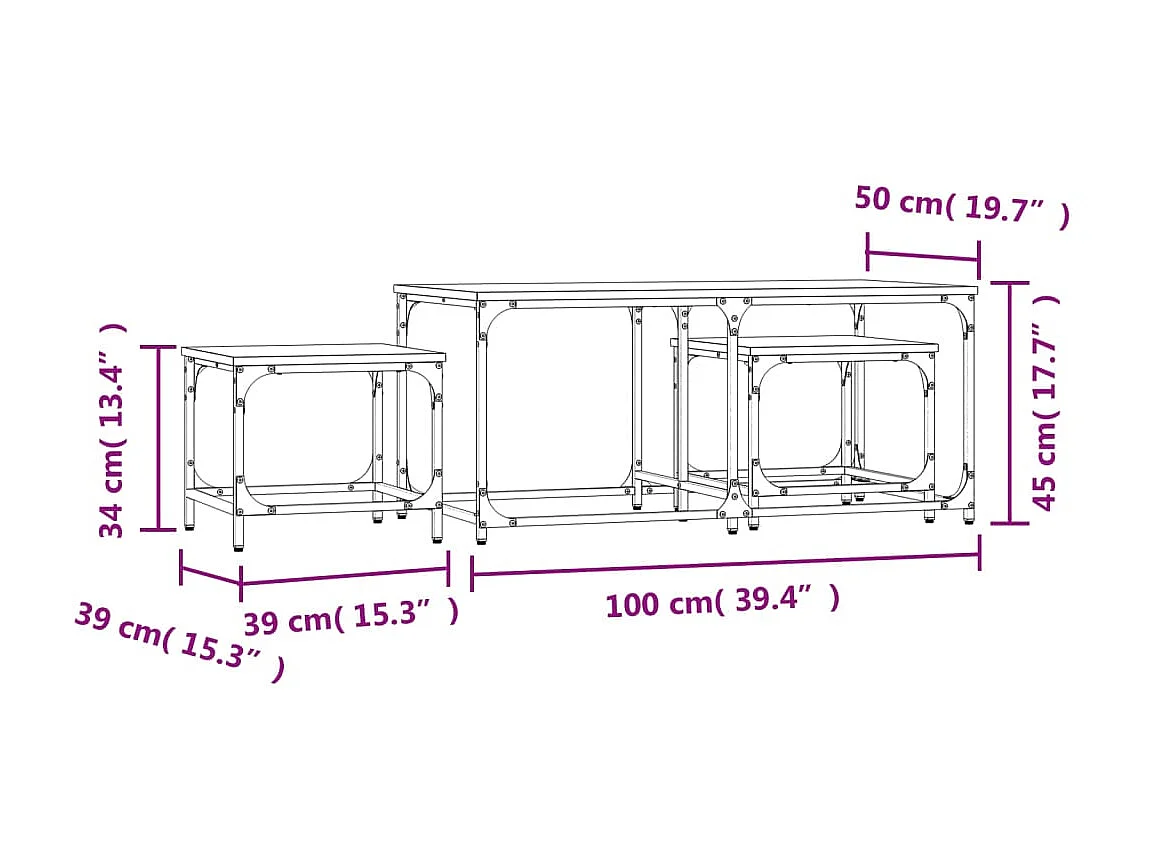 Goldene, stapelbare Couchtische, 3 Stück, Sonoma-Eiche, Holzwerkstoff