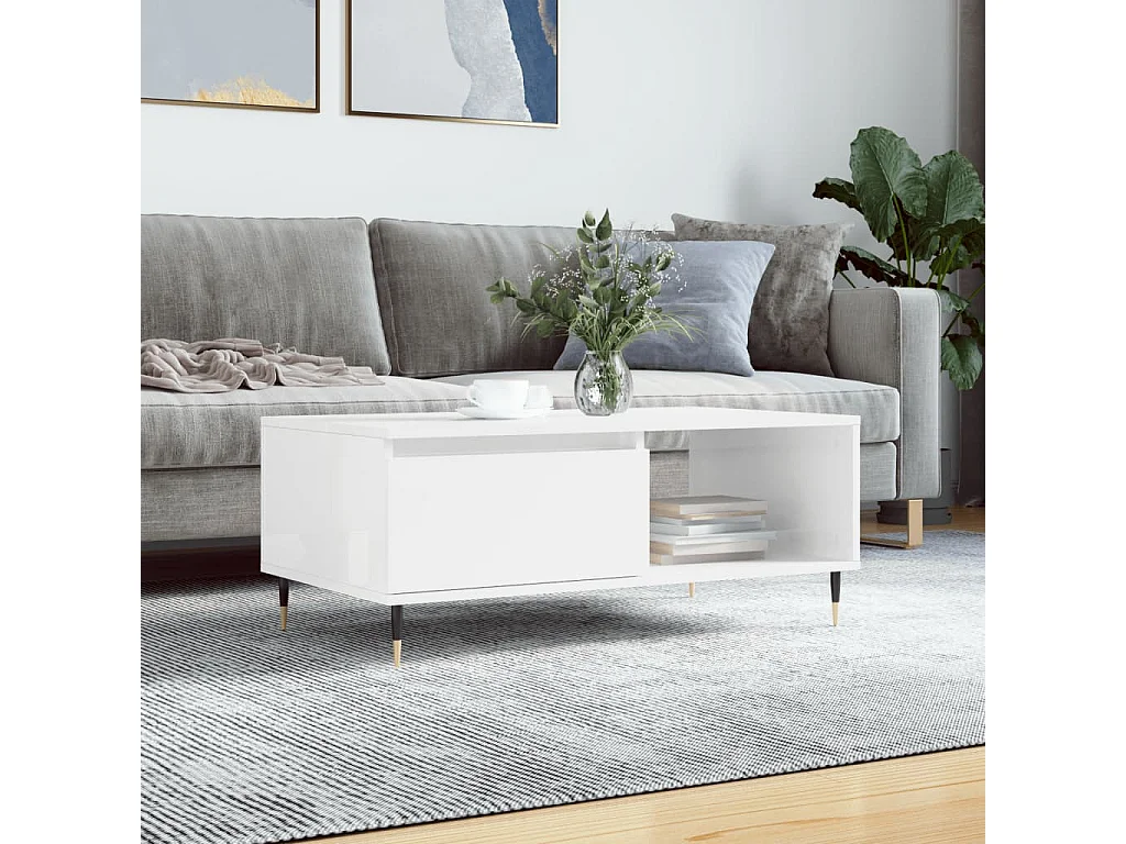 Gold Salontafel Glanzend wit 90x50x36,5 cm Bewerkt hout