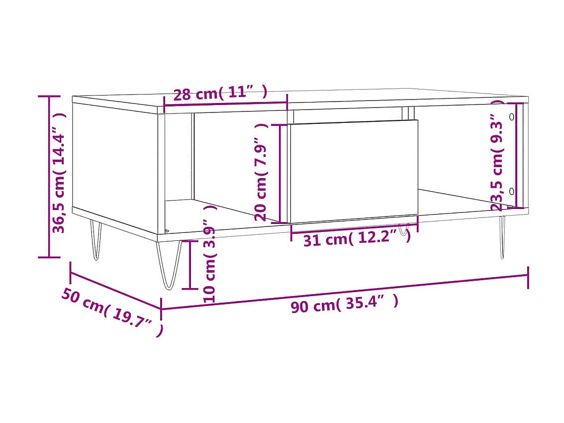 Mesa de centro dourada carvalho Sonoma 90x50x36,5 cm Madeira trabalhada