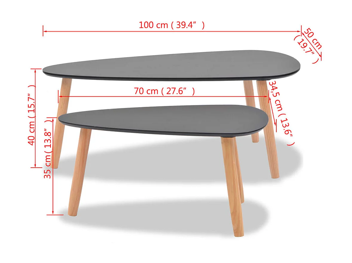 Conjunto de mesa de centro dourado de 2 peças em madeira maciça de pinho preto