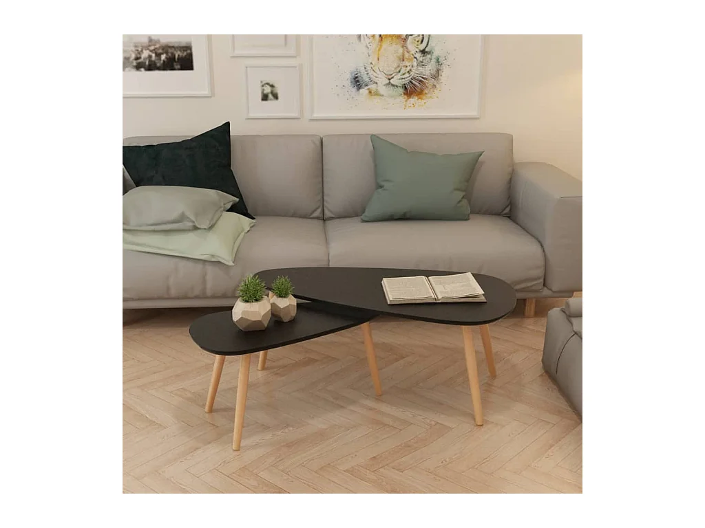Goldfarbenes 2-teiliges Couchtisch-Set aus massivem Kiefernholz in Schwarz
