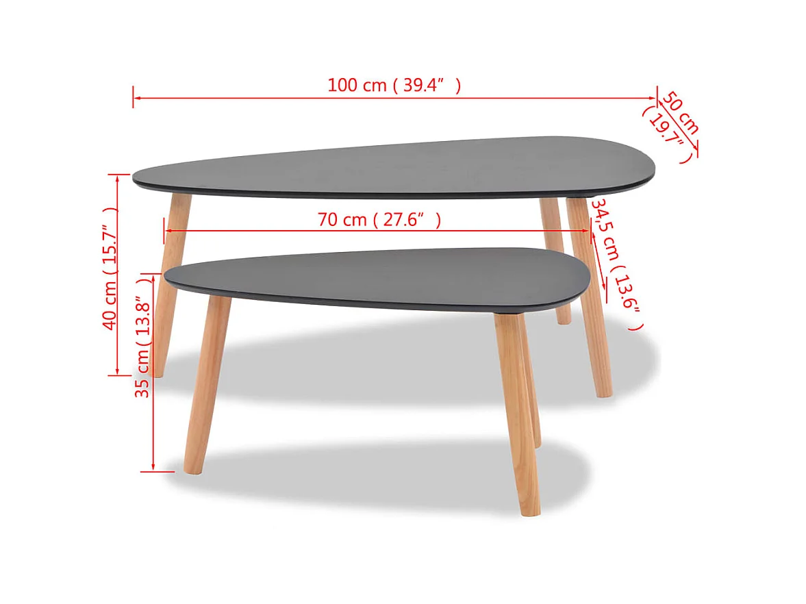 Goldfarbenes 2-teiliges Couchtisch-Set aus massivem Kiefernholz in Schwarz