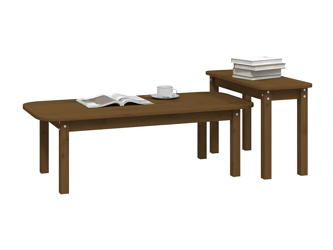 Set tavolino da caffè dorato in legno massello di pino marrone miele, 2 pezzi