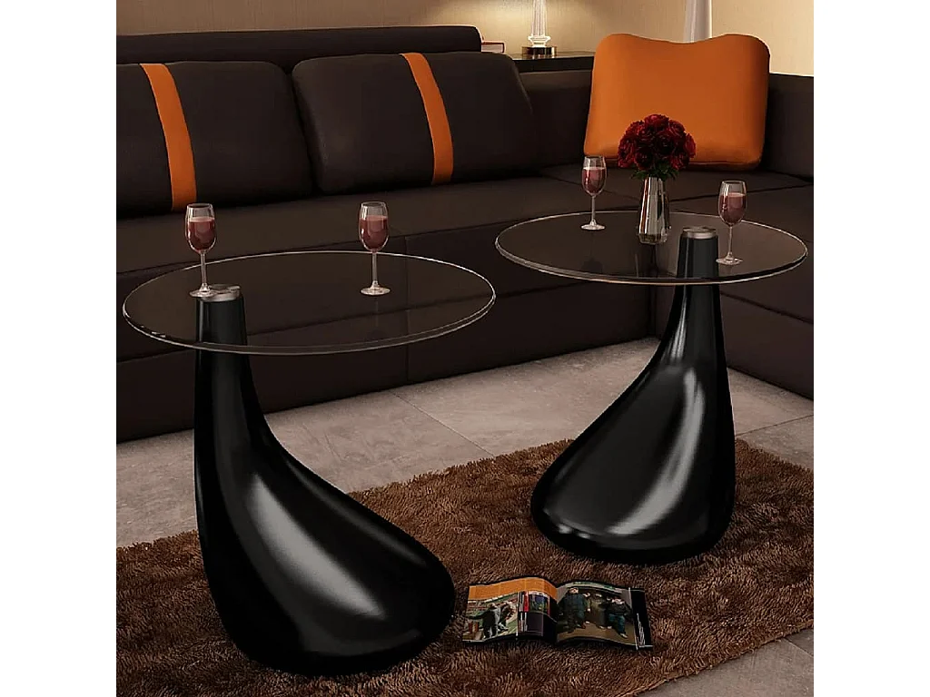 Gold Salontafel en tafelblad Rond glas Glanzend zwart 2 st