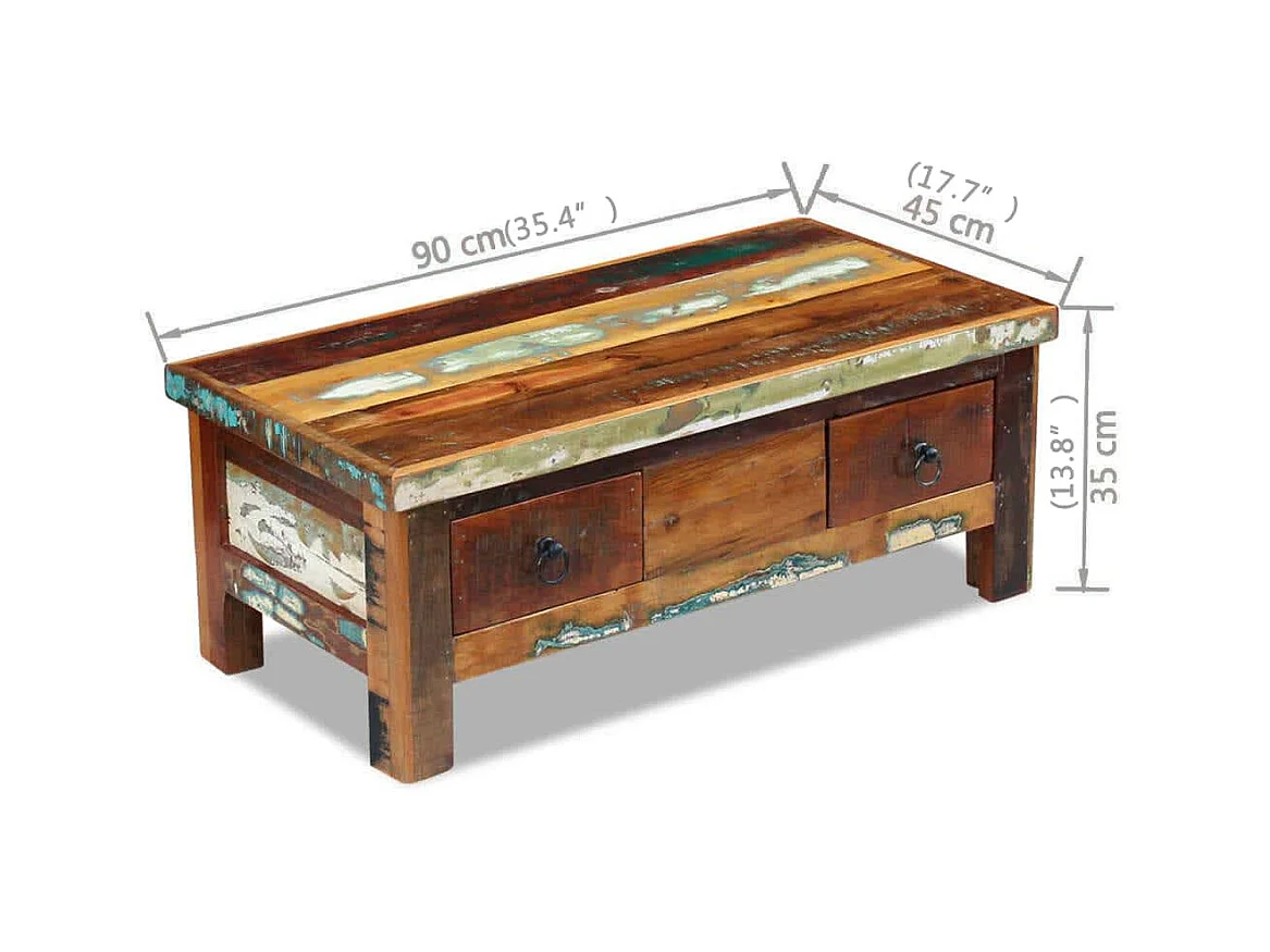 Mesa de centro dorada con cajones 90 x 45 x 35 cm Madera recuperada