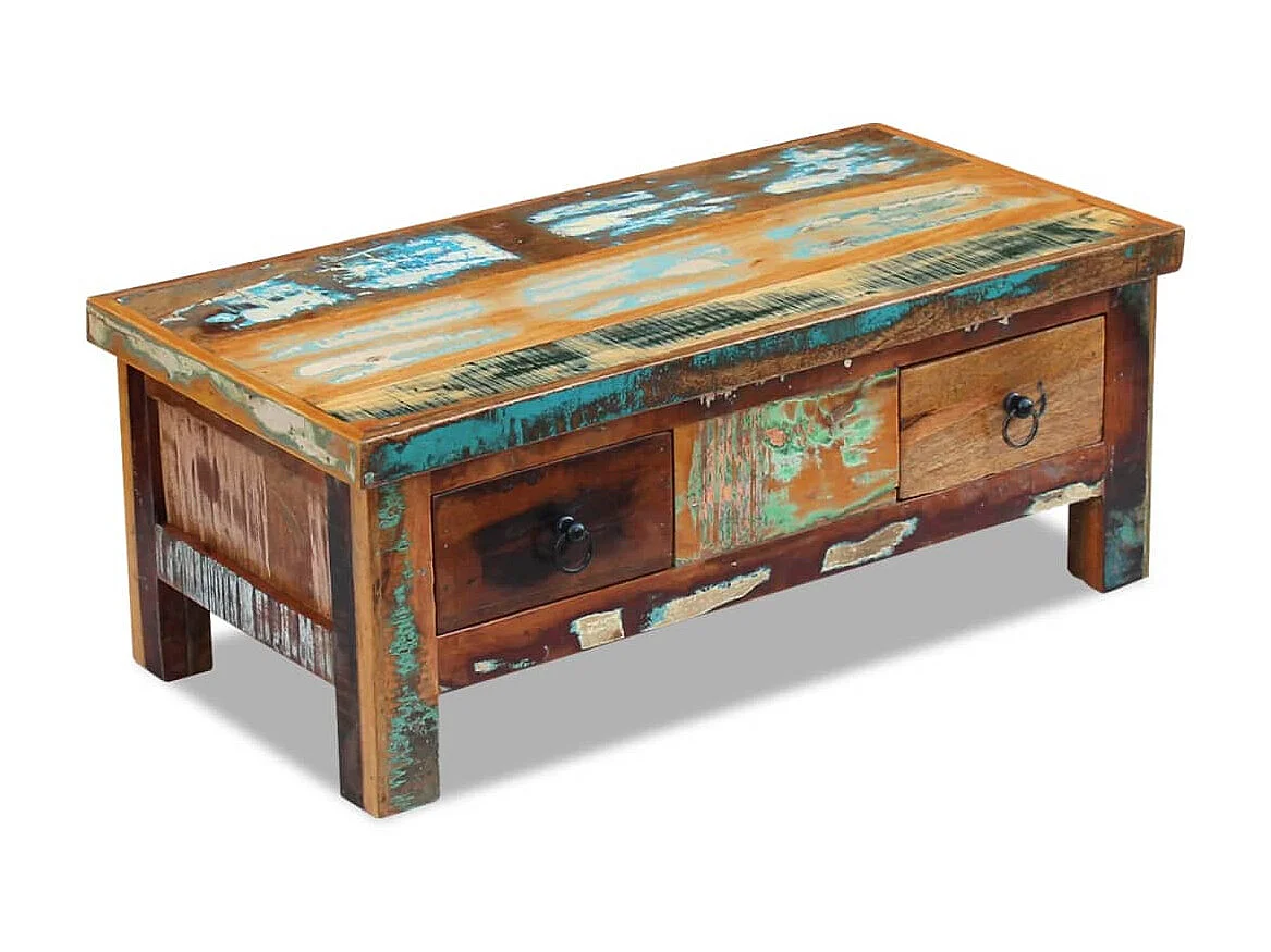 Mesa de centro dorada con cajones 90 x 45 x 35 cm Madera recuperada