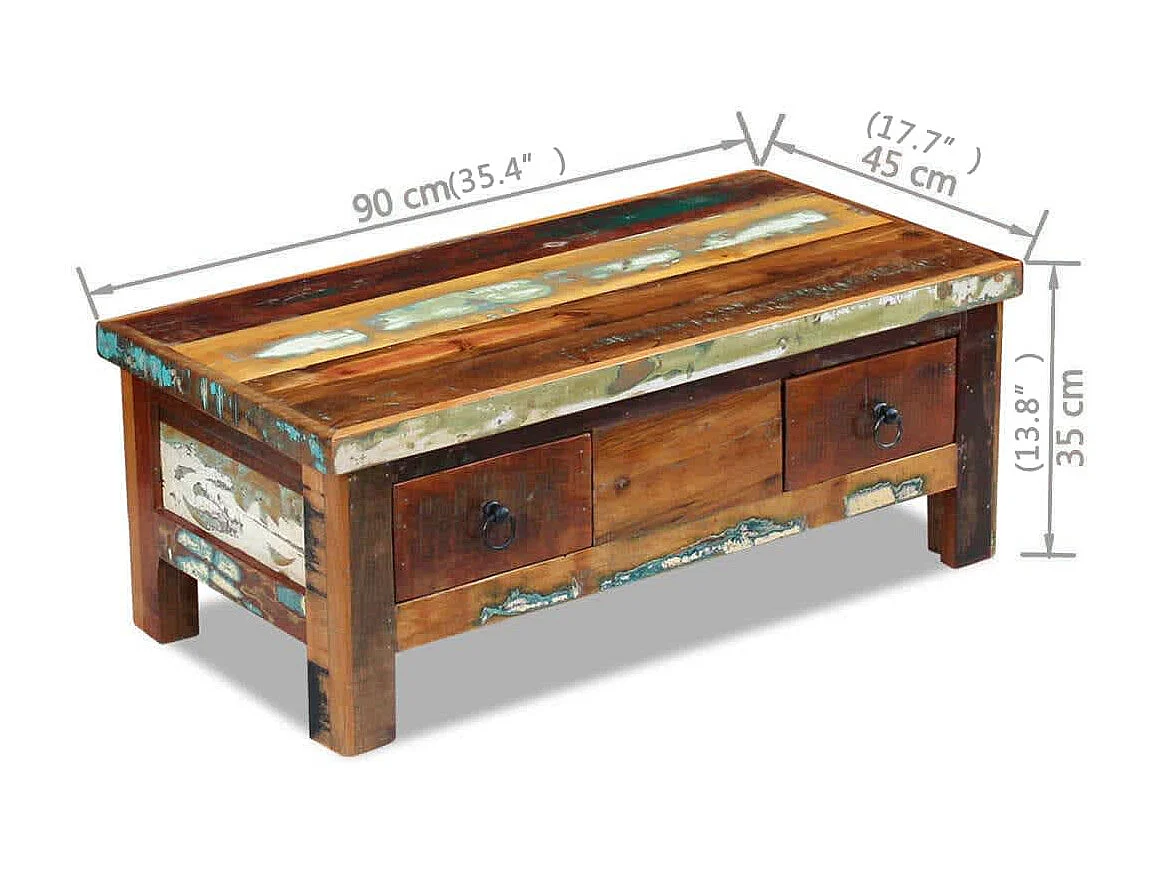 Mesa de centro dorada con cajones 90 x 45 x 35 cm Madera recuperada