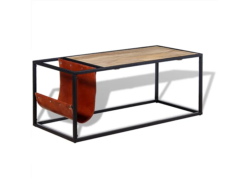 Mesa de centro dorada con revistero Cuero auténtico 110 x 50 x 45 cm