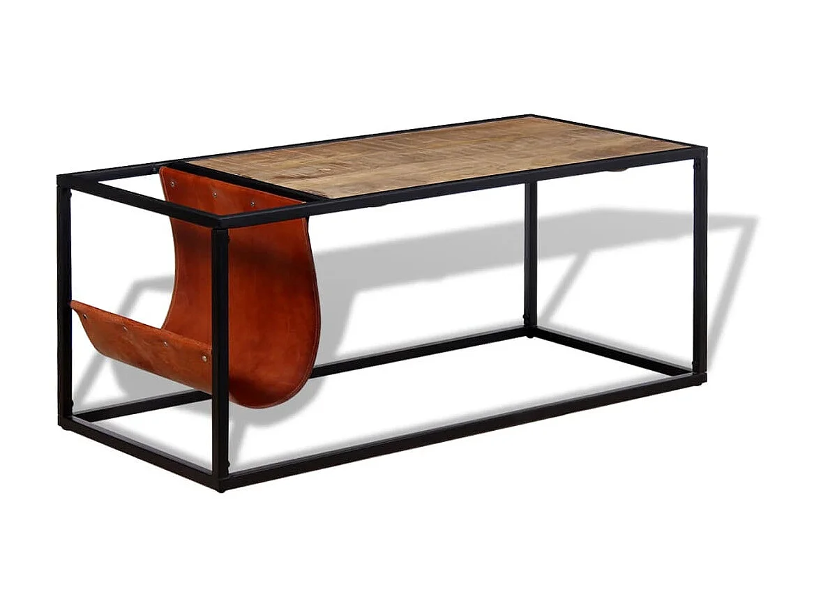 Mesa de centro dorada con revistero Cuero auténtico 110 x 50 x 45 cm