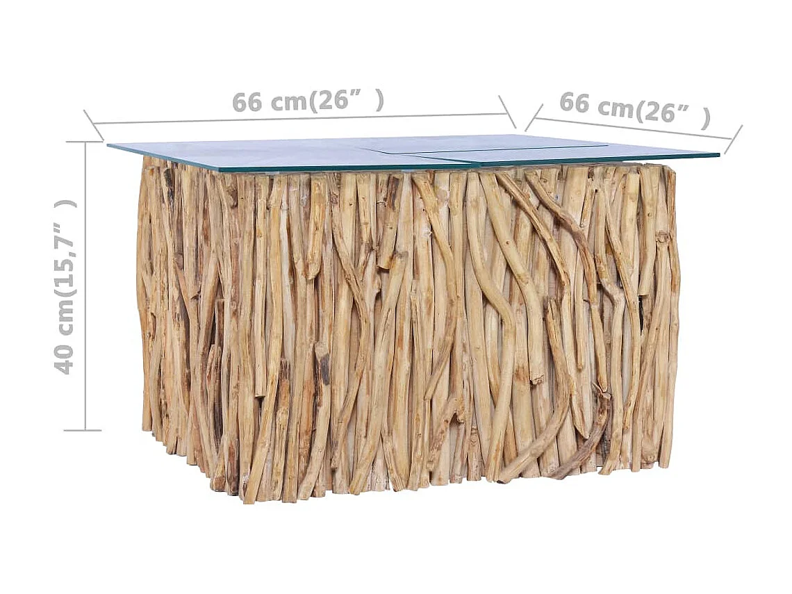 Salontafel met glazen blad 66x66x40cm Massief teakhout