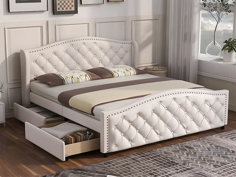 Lit adulte capitonné en similicuir - 160x200cm - avec 2 tiroirs - Blanc