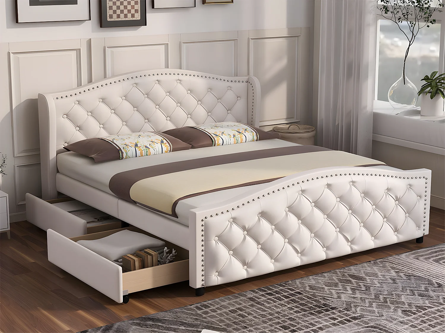 Cama para adultos acolchada en símil piel - 160x200cm - con 2 cajones - Blanco