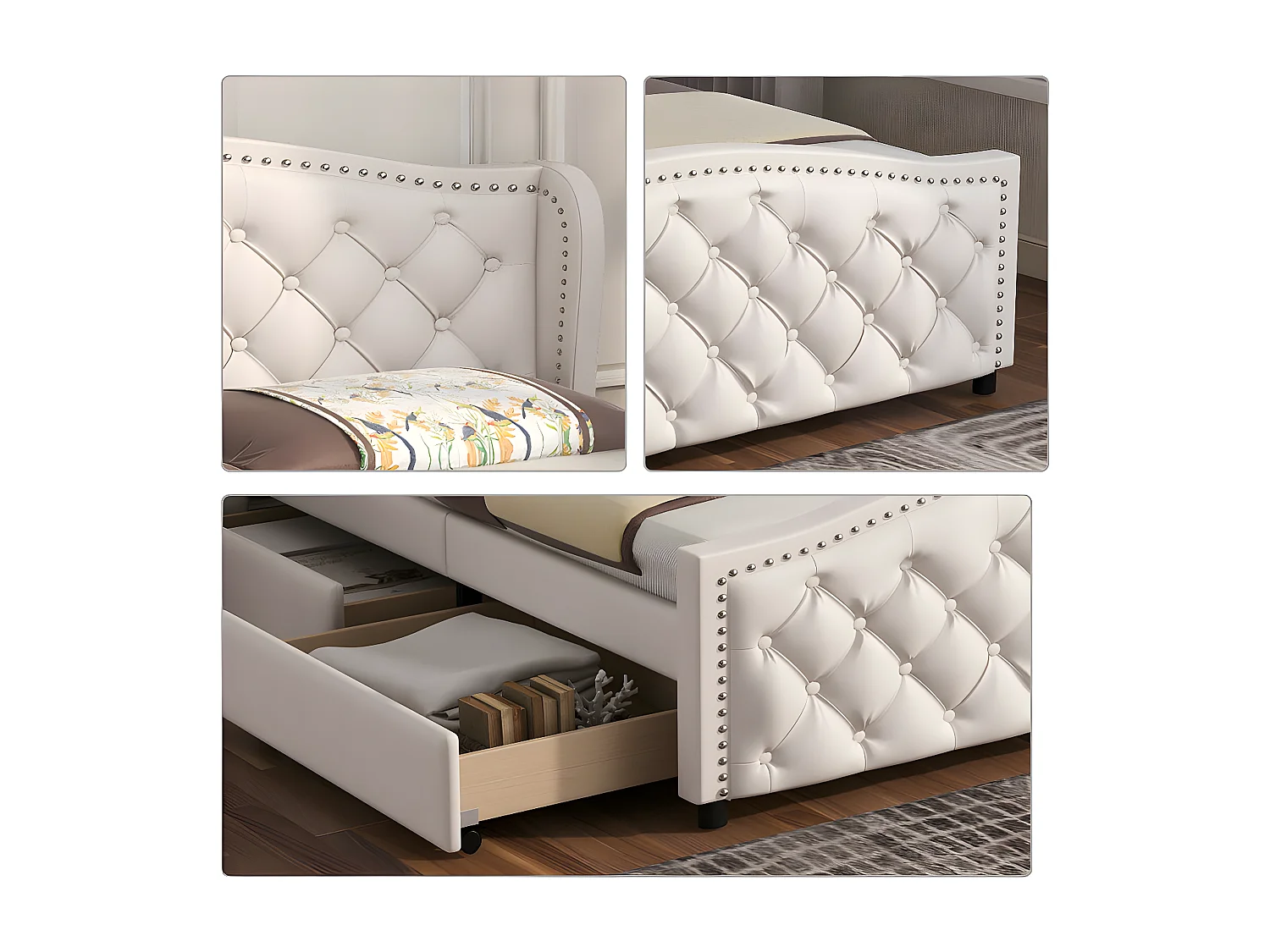 Cama para adultos acolchada en símil piel - 160x200cm - con 2 cajones - Blanco