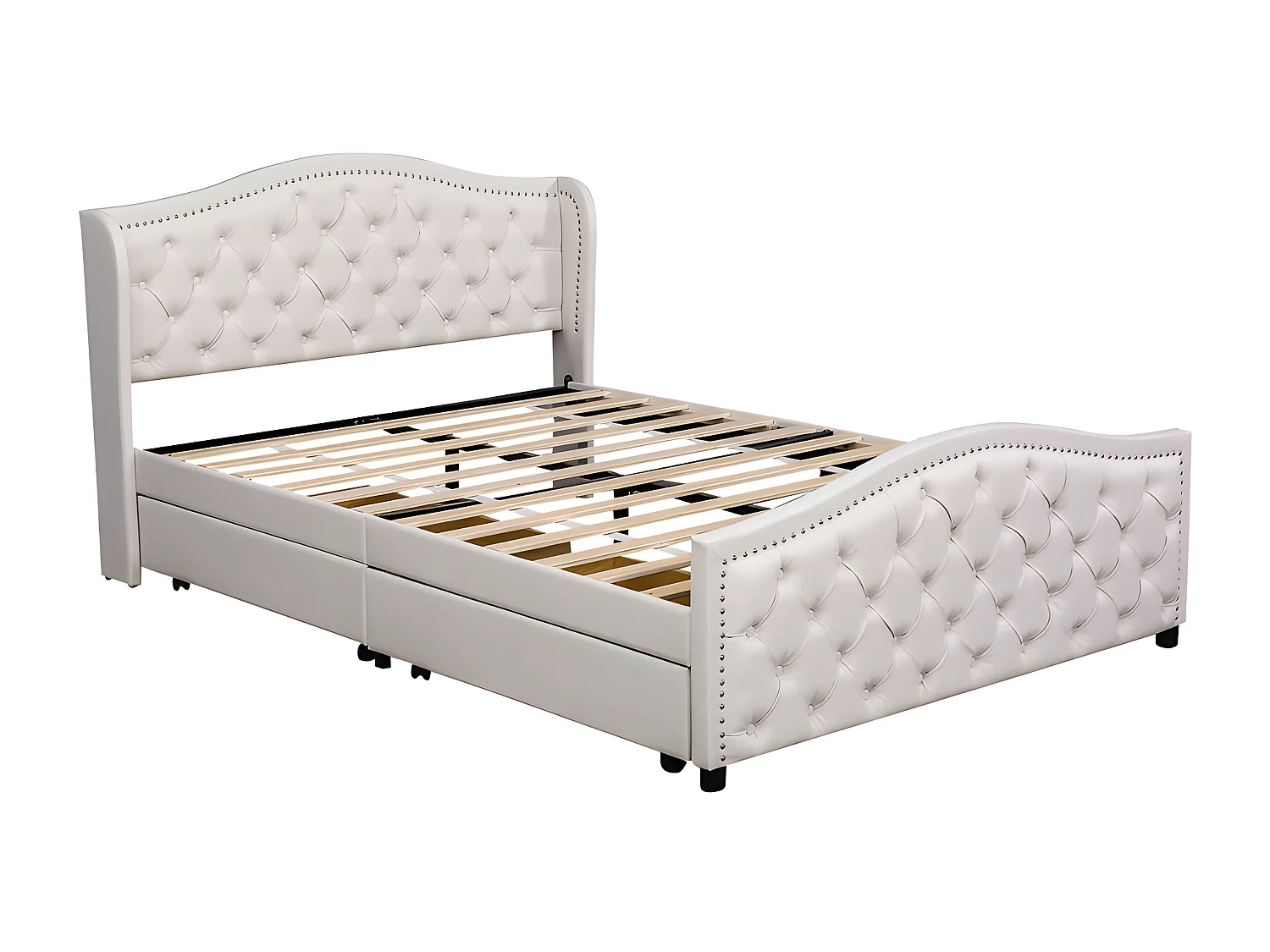 Lit adulte capitonné en similicuir - 160x200cm - avec 2 tiroirs - Blanc