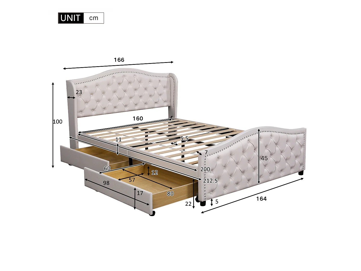 Letto per adulti imbottito in similpelle - 160x200 cm - con 2 cassetti - Bianco