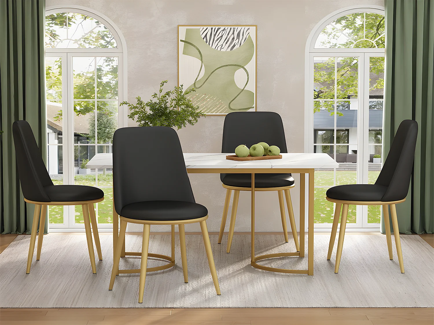 Lot de 4 Chaises rembourrées en velours avec dossier - structure en métal doré - Noir