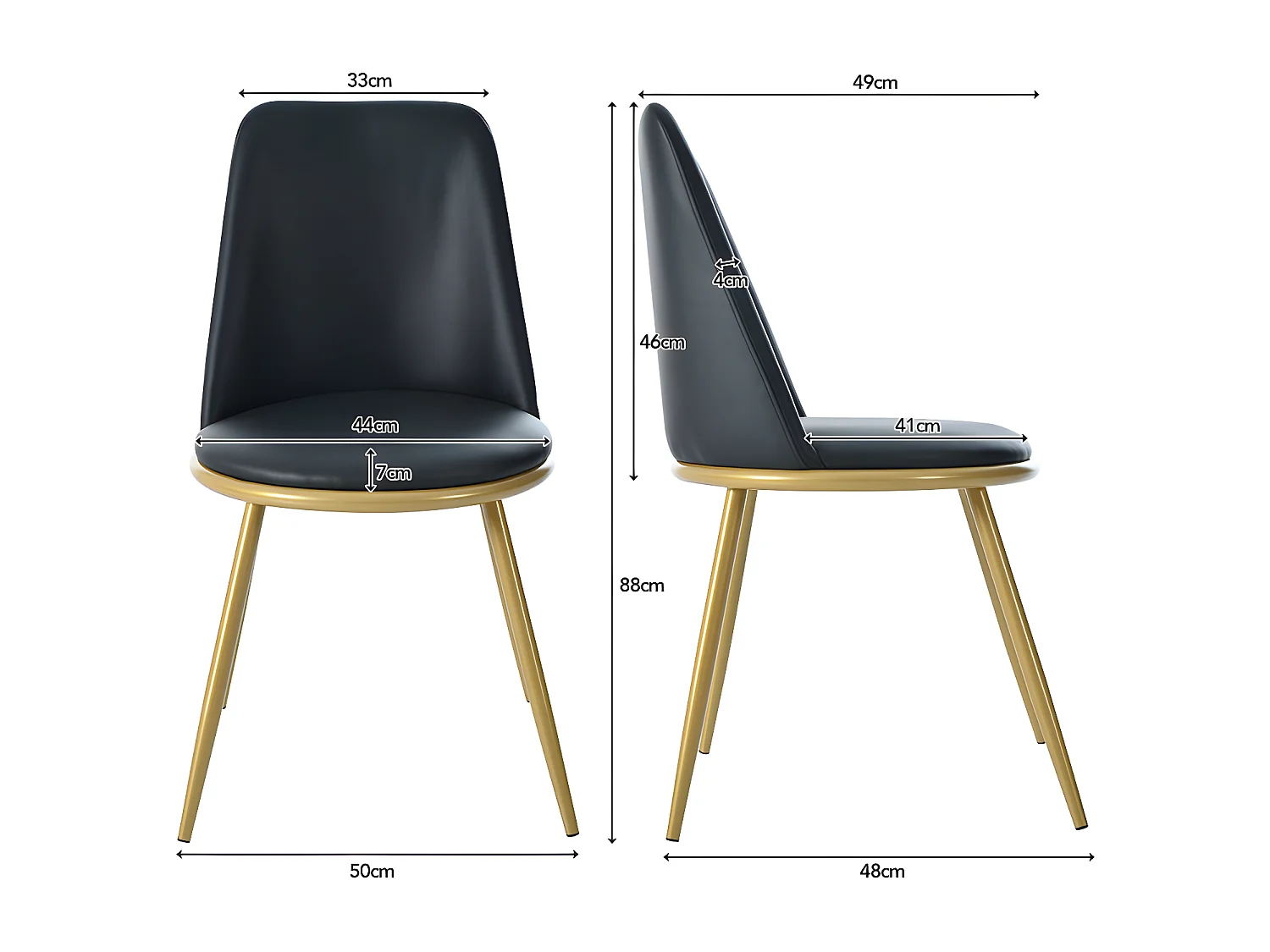 Lot de 4 Chaises rembourrées en velours avec dossier - structure en métal doré - Noir