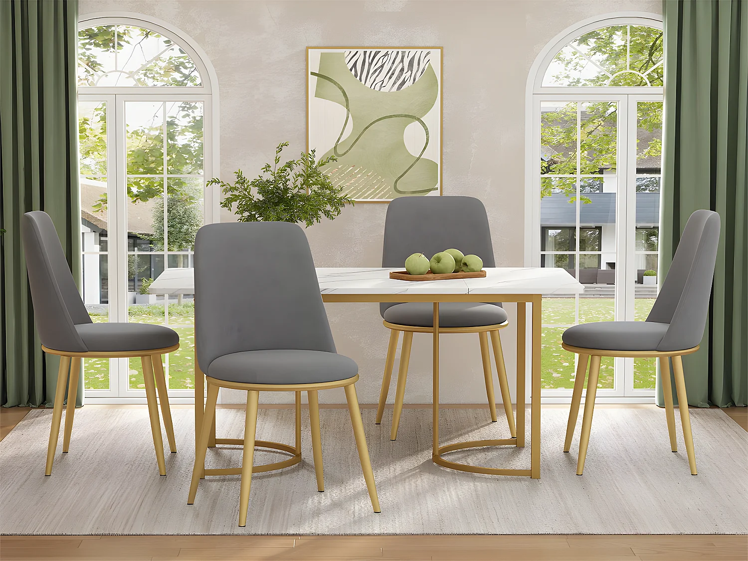 Set van 4 gestoffeerde fluwelen stoelen met rugleuning - goudkleurige metalen structuur - grijs