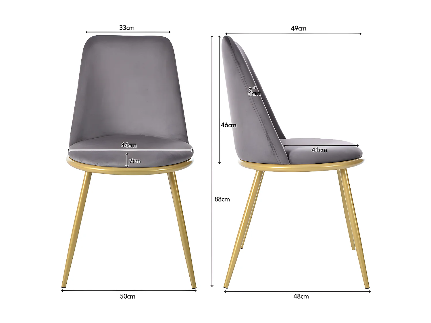 Set van 4 gestoffeerde fluwelen stoelen met rugleuning - goudkleurige metalen structuur - grijs