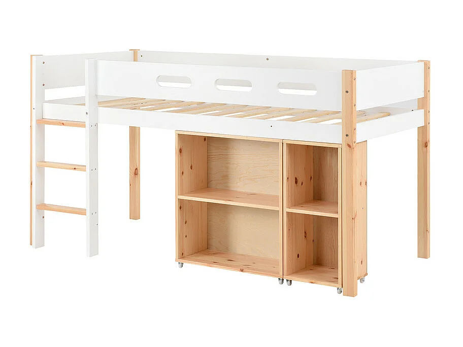 Lit mezzanine 90x200cm - avec escalier 、un placard amovible et barrières de sécurité - cadre de lit en bois massif - Blanc & Naturel