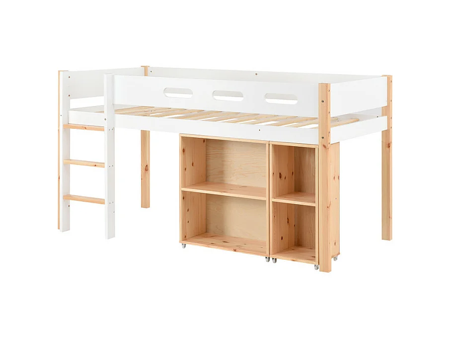 Lit mezzanine 90x200cm - avec escalier 、un placard amovible et barrières de sécurité - cadre de lit en bois massif - Blanc & Naturel