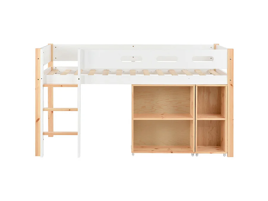 Lit mezzanine 90x200cm - avec escalier 、un placard amovible et barrières de sécurité - cadre de lit en bois massif - Blanc & Naturel