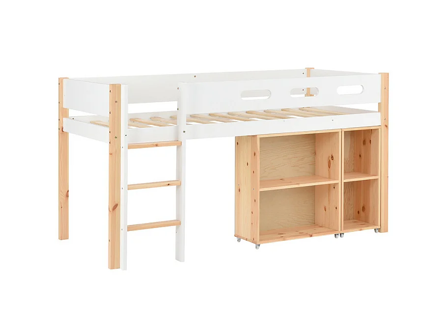 Lit mezzanine 90x200cm - avec escalier 、un placard amovible et barrières de sécurité - cadre de lit en bois massif - Blanc & Naturel