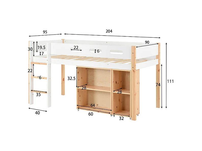 Lit mezzanine 90x200cm - avec escalier 、un placard amovible et barrières de sécurité - cadre de lit en bois massif - Blanc & Naturel
