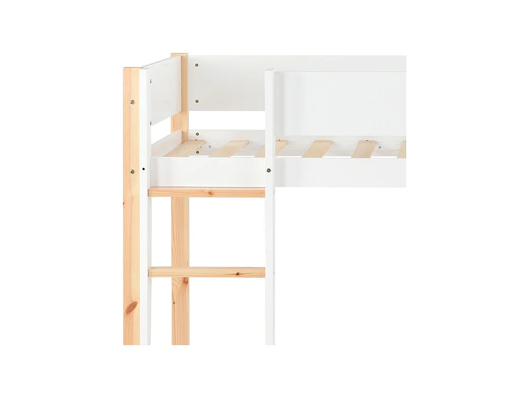Lit mezzanine 90x200cm - avec escalier 、un placard amovible et barrières de sécurité - cadre de lit en bois massif - Blanc & Naturel